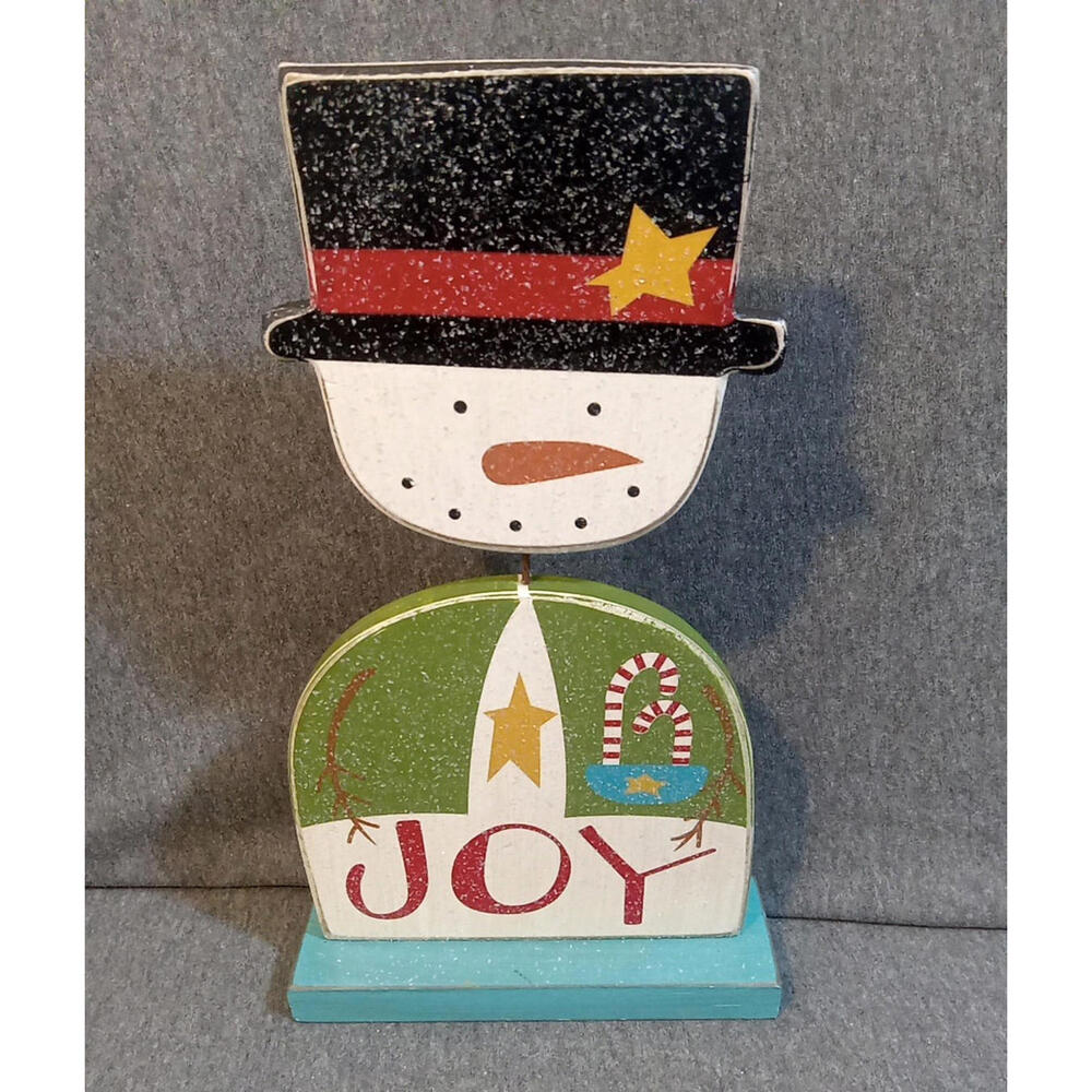 Primitives By Kathy Standing Snowman Decor Green Blue White Black "Joy" Wood 12"
